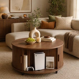 Puede incluir: Una mesa de centro redonda de madera marrón oscuro con un diseño de listones. La mesa tiene un estante inferior con una consola de juegos blanca, un mando y libros. Un jarrón con vegetación, uvas y una vela encima.