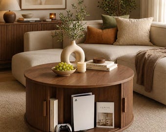 Mesa de centro redonda de madera estriada con almacenamiento, mesa auxiliar moderna con puerta corrediza.