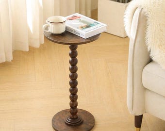 Tavolino rotondo, comodino rustico marrone con gambe in legno massello di pino.