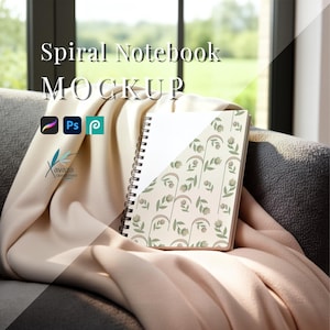 May include: A spiral notebook mockup featuring a cream-colored cover with a repeating pattern of green flowers and arched lines. The notebook is displayed with software icons for Procreate, Photoshop, and Photopea, and the text Spiral Notebook MOCKUP.