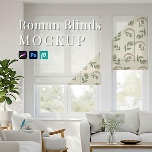 Peut inclure: Maquette de stores romains dans une pièce lumineuse. Les stores sont blancs, avec un motif floral sur une section d'un store. Le texte "Roman Blinds MOCKUP" est affiché en haut. L'image comprend également les logos de Procreate, Photoshop et d'un troisième programme de conception.