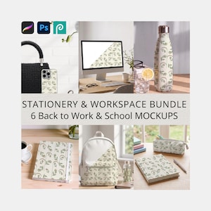 Back to School and Work Mockups Bundle PSD Procreate, Backpack Notebook Phone Case Water Bottle Pencil Case Desktop Mockup for Designer
