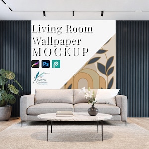 Może przedstawiać: Makieta tapety do salonu z jasnoszarym narożnikiem, marmurowym stolikiem kawowym oraz ścianą z napisem Living Room Wallpaper MOCKUP, ikonami oprogramowania i logo Xavaza Creative Studio na tle botanicznego wzoru.