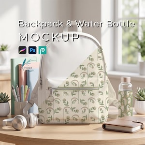 May include: A backpack and water bottle mockup featuring a white and beige floral pattern with green leaves and arched lines. The design includes a front zippered pocket with a circular pull, a top handle, and adjustable straps on a round-shaped bag.