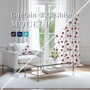 Peut inclure: Un modèle de maquette numérique présentant un fauteuil blanc avec un coussin et un rideau pleine longueur, tous deux décorés d'un motif floral de coquelicots rouges. Le texte "Curtain & Cushion MOCKUP" est affiché avec des icônes de logiciels.