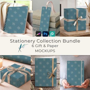 Può includere: Una collezione di cancelleria con sei mockup di articoli da regalo e carta, tutti decorati con un motivo ripetuto di fiocchi di neve bianchi su sfondo blu. Il set include un quaderno a spirale, un segnalibro con nastro e scatole regalo.