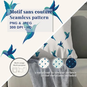 Peut inclure: Un motif sans couture numérique représentant des colibris bleus et sarcelle sur fond blanc. Le texte inclut Motif sans couture, Seamless pattern, PNG & JPEG, 300 DPI - HD, Multi-usage et 3 color variations included. Trois pastilles circulaires montrent le motif dans différentes palettes de couleurs.