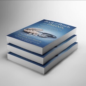 Pu&ograve; includere: Tre libri impilati. Il libro in alto ha una copertina blu con il titolo "Book of Pearls for PMHNPs" e un'immagine di perle e uno stetoscopio. Anche il nome dell'autore &egrave; visibile.
