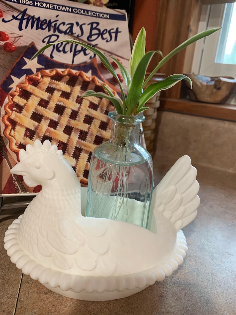 May include: A white ceramic hen-shaped planter holding a small glass bottle with a green plant. The hen is sitting on a white base. A cookbook titled "America's Best Recipes" is in the background.
