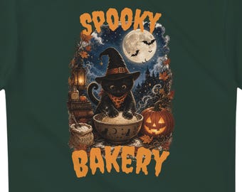 Camiseta de Halloween, Camiseta de gato panadero espeluznante, Camiseta divertida de gato horneando, Camiseta de Halloween de bruja, Temporada espeluznante