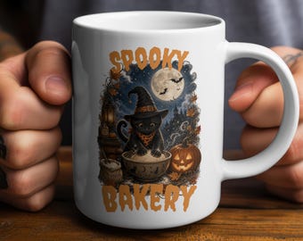 Taza de gato de Halloween, divertida taza de café con diseño de gato horneando, regalo espeluznante para amantes de los gatos