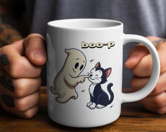Halloween Cat Mug, Boo-p Funny Ghost & Cat Coffee Cup, Spooky Season Gift