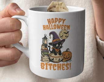 Taza de gato de Halloween, divertida taza de café con diseño de gato horneando, regalo espeluznante para amantes de los gatos