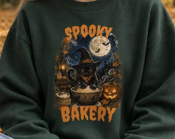Sudadera de Halloween, Sudadera de cuello redondo con gato de panadería espeluznante, Sudadera divertida de gato brujo, Regalo de temporada espeluznante