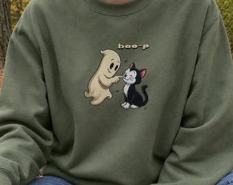 Boo-P Cat Sweatshirt | Cute Ghost Halloween Crewneck | Funny Spooky Cat Pullover | Cat Lover Gift