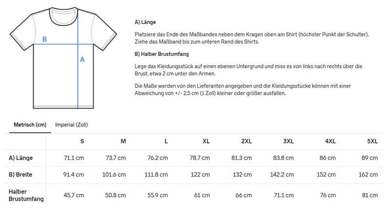 Puede incluir: Camiseta blanca con un diagrama que muestra los puntos de medici&oacute;n. Una tabla de tallas en cent&iacute;metros y pulgadas muestra las medidas de largo, ancho y contorno de pecho medio, de la S a la 5XL.