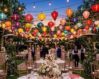 Set of 20 Hoi An Silk Lanterns – 35cm Bamboo Frame, Mixed Shapes, Wedding Patio Decoration