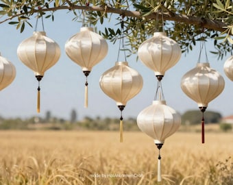 Set 8pcs Hoi An Silk lanterns - size 35cm, Wedding Patio Decor, White Hanging Lantern, Outdoor Event Lighting, Vintage decor