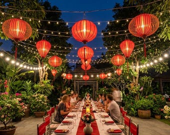 Set of 20pcs Hoi An Bamboo Silk Lanterns - size 35cm - Mix Shapes, wedding patio decoration, Festival Decor - Boho / Outdoor garden - Red