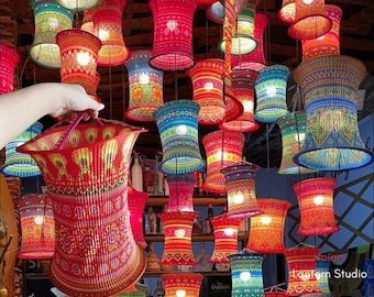 set of 7  Vietnam ethnic brocade lanterns - Handmade Vietnamese Lantern, Boho Hanging Lamp, Home Decor, Restaurant & Patio/ Mix colors
