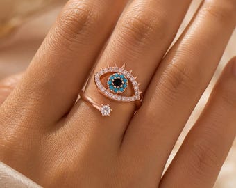 Evil Eye Verstellbarer Ring, Kupfer-Zirkon, Gold, Silber, Rosegold, Schutzschmuck