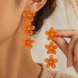 Orange Flower Dangle Earrings, Three Tier Floral Statement, Boho Vintage Alloy Jewelry