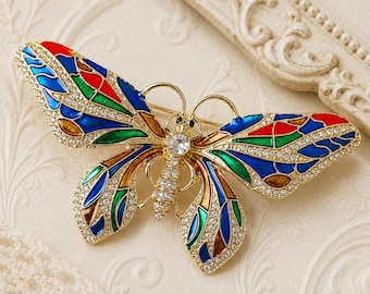 Colorful Enamel Butterfly Brooch, Rhinestone Statement Pin, Vintage Art Nouveau Style