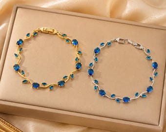 Blau Zirkon Blatt Armband, Vintage Kupfer Rebe Design, Zierlicher botanischer Schmuck
