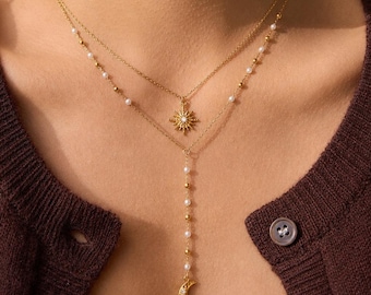 Vintage-Halskette mit Sonne- und Mond-Motiven, 18 Karat vergoldeter Edelstahl, himmlischer Boho-Schmuck