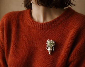 Vintage Silver Vase Brooch Pin, Alloy Pitcher Lapel Pin, Floral Cottagecore Jewelry