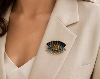 Evil Eye Brosche, Gold Teal Kristall Statement Pin, Legierung Strass Blazer Schal Schmuck