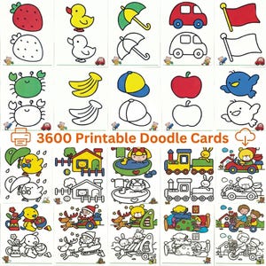 Puede incluir: Un conjunto de tarjetas de garabatos imprimibles con ilustraciones coloridas de varios objetos y personajes. Las tarjetas incluyen imágenes de una fresa, un pato, un paraguas, un coche, una bandera, un cangrejo, un plátano, una gorra de béisbol, una manzana y un pájaro. También está presente el texto "3600 Printable Doodle Cards".