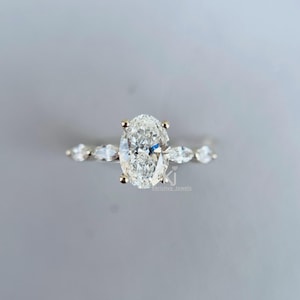 Oval Lab Grown Diamond Engagement Ring with Marquise Side Stones & Surprise Diamond 14K Solid Gold Unique Ring Traditional Ring For Bridal