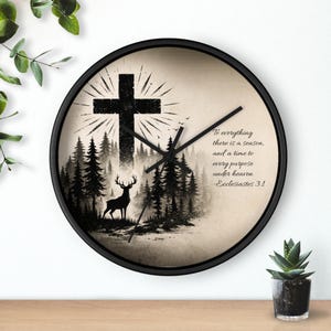Cross and Deer Forest Wall Clock | Ecclesiastes 3:1 Scripture Decor