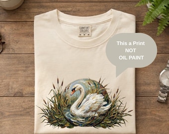 Swan Lover Shirt, Vintage Swan Tee, Aesthetic Swan Tee, Gifted for Her, Cottagecore Clothes, Goblincore Clothes, Faux Oil Paint Shirt Art