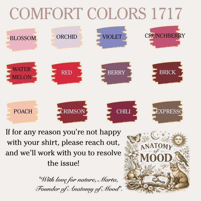 May include: A colour chart labelled "COMFORT COLORS 1717" presents paint swatches with names such as "Blossom," "Orchid," and "Violet." The image includes text about resolving shirt issues and a logo with a rabbit, fox, and book.