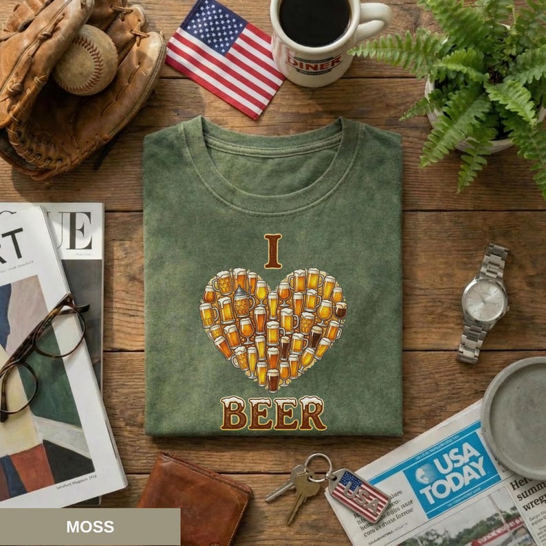 May include: A moss green t-shirt featuring a heart made of beer glasses, with the words "I BEER" printed in brown. The image includes a baseball glove, a small American flag, and a coffee cup, all on a wooden surface.