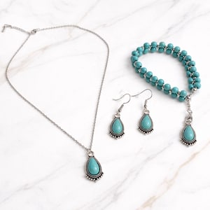 Türkis Teardrop Schmuck Set, Western Boho Halskette Armband Ohrringe