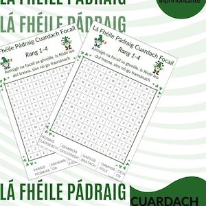 May include: Two St. Patrick's Day word search puzzles, featuring the text "Lá Fhéile Pádraig Cuardach Focail" and "Rang 1-4". The background is green with shamrock designs. Includes the text "Emerald Design Press".