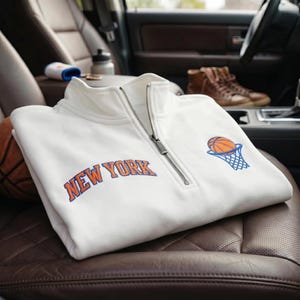 New York Basketball 1/4 Zip, Embroidered NY Varsity Quarter Zip, Vintage Sports Pullover, Retro Cream Gameday Sweater Gift for Men Women