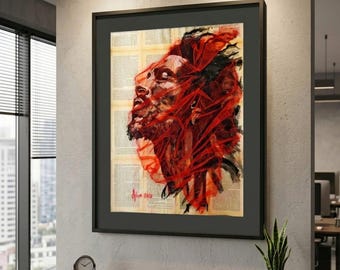 Portrait of Bob Marley,İnk portrait on old book pages