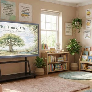 Może przedstawiać: Ustawienie klasy z dużym interaktywnym wyświetlaczem z tekstem "The Tree of Life". Regały na książki, rośliny i plakaty edukacyjne tworzą środowisko uczenia się. Różowy dywan i worek do siedzenia dodają przytulności.