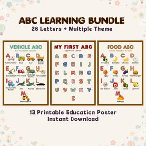 Może przedstawiać: Kolorowy zestaw plakatów edukacyjnych zatytułowany "ABC Learning Bundle". Zestaw zawiera trzy plakaty: "Vehicle ABC", "My First ABC" i "Food ABC". Każdy plakat zawiera litery, słowa i ilustracje do wczesnej nauki. Tekst "26 Letters + Multiple Theme" jest wyświetlany u góry.