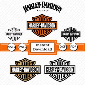 May include: A collection of Harley-Davidson logos in black, orange, and gold. The logos include the Harley-Davidson name and the word "Cycles". The image also includes the text "Instant Download" and file type icons.