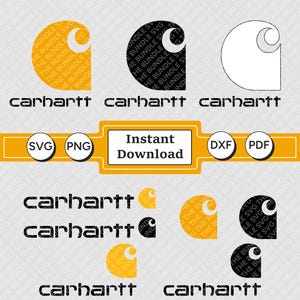 Peut inclure: Un design numérique présentant le logo Carhartt dans différents styles et couleurs, dont le jaune, le noir et le blanc. Le design comprend le texte "Téléchargement instantané" et des icônes de type de fichier comme SVG, PNG, DXF et PDF.