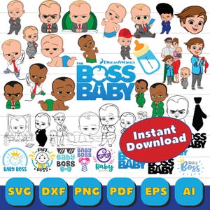 以下が含まれることがあります： 「ボス・ベイビー」をテーマにしたデジタルグラフィックのコレクション。スーツを着た赤ちゃんの漫画イラスト、ロゴ、テキスト要素が特徴です。「Instant Download」のテキストとファイルタイプのアイコンが含まれています。