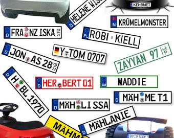Wunsch Kfz Kennzeichen für Kinderfahrzeuge Aufkleber im originalen Kfz-Kennzeichen Layout wetterbeständig auch für Mähroboter Aufsitzmäher
