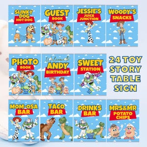 May include: A set of 24 Toy Story table signs featuring various characters like Woody, Buzz Lightyear, and Jessie against a blue sky with white clouds. Each sign displays specific text such as Slinky Dog Hot Dog, Guest Book, Photo Book, and Taco Bar.