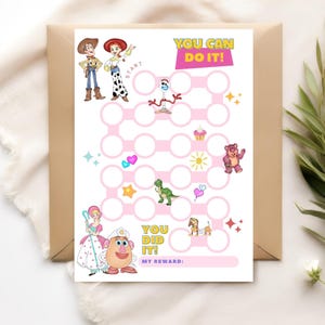 May include: A pink and white reward chart featuring characters from the Toy Story franchise. The chart includes the text "YOU CAN DO IT!" and "YOU DID IT!" with spaces for rewards and a path of circles. The chart is on a cream-colored envelope.