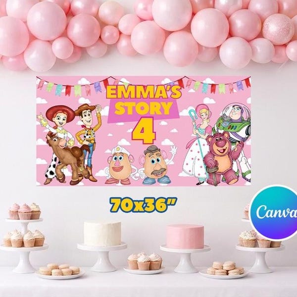 Pink Toy Story Birthday Banner Template | Editable Party Design (Digital Download)- CANVA Template